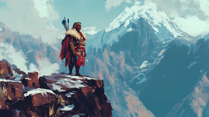 Wall Mural - Indigenous inca warrior standing on a mountain side, generative ai portrait. Incan Empire. Illustration