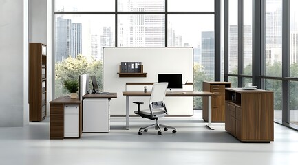 Canvas Print - Modern office interior design with white desk, black chair, wooden cabinets, whiteboard, and window view