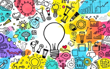 Poster - A surrounded by colorful doodles representing ideas and innovation, with an abstract background showing business icons like graphs or office elements.	no words. 
