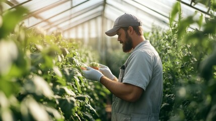 Sticker - Bearded Farmer Inspecting Crops in a Greenhouse