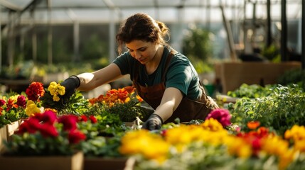 Sticker - Woman tending to colorful flowers in a greenhouse