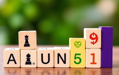 Wooden blocks with an arrow pointing up and the symbol of chess on them, a growing bar graph from left to right displaying colourful numbers with symbols.
