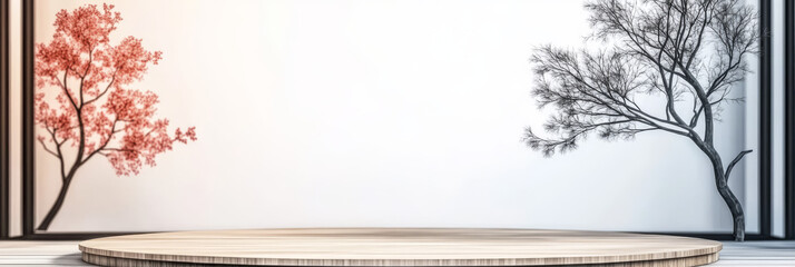 Poster - Minimalist wooden platform with a white background and tree branches on the sides.