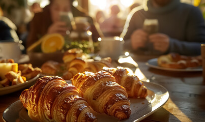 Wall Mural - Fresh croissants on breakfast table in warm morning sunlight, people gathered in the background, creating cozy, inviting atmosphere for brunch or coffee or tea