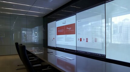 Wall Mural - Modern conference room with large digital display showing graphs and data. Business, technology, and finance concept