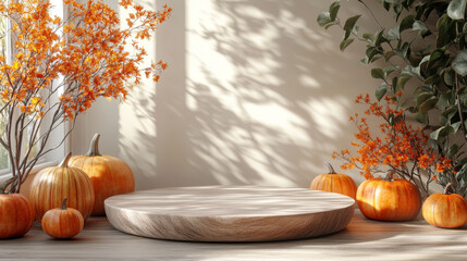 Canvas Print - Autumnal scene with pumpkins and a wooden podium