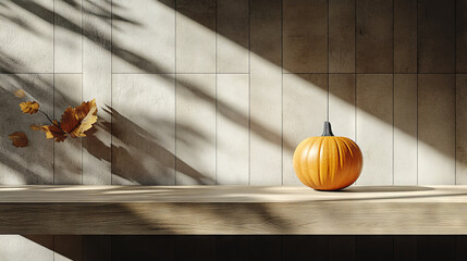 Poster - A lone pumpkin sits on a wooden shelf, bathed in warm sunlight.