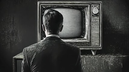A man sits in front of a vintage television, watching a program with a blank screen