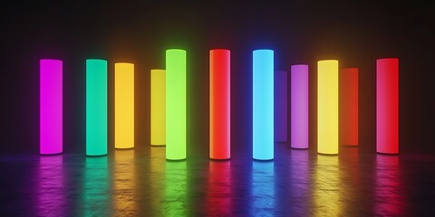 Wall Mural - Colorful illuminated cylindrical structures in a dark space.