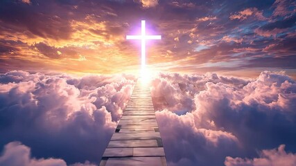 Poster - pathway to glowing cross among clouds and colorful sky, spiritual and inspirational concept