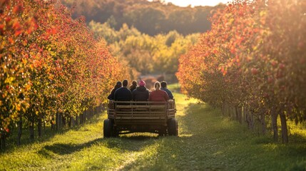 Poster - Group of People Riding a Wagon Through a Fall Orchard