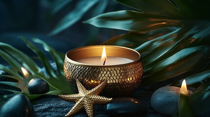 Golden candle adorned with a sea star, lush green leaves, and tranquil stones, creating a relaxing ambiance for a luxurious bathing or spa experience