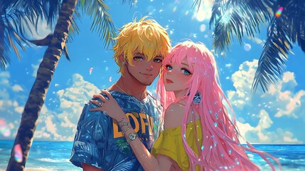 anime couple in love on tropical beach with palm trees and blue sky