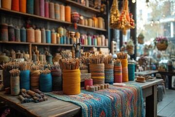 A table in a shop filled with colorful yarns and knitting needles.