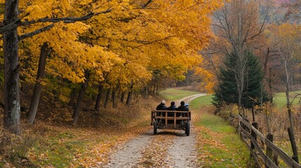 Poster - People Riding in a Wagon Down a Path Lined with Autumn Trees