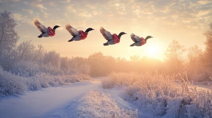 Wall Mural - Four Ducks Wearing Red Hats Flying in a Snowy Landscape at Sunset