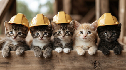 Poster - Five cute kittens wearing hard hats.