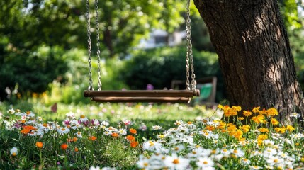 Poster - A Wooden Swing Hanging in a Field of Daisies and Other Wildflowers