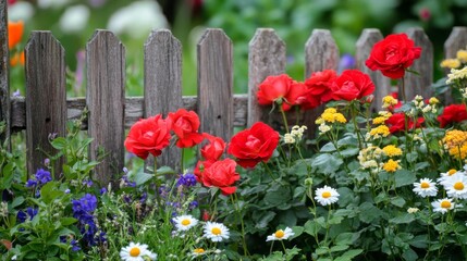 Canvas Print - Red Roses and White Daisies Blooming in a Garden by a Wooden Fence