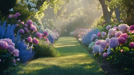 Canvas Print - Sunlit Garden Path with Blooming Peonies and Lavender