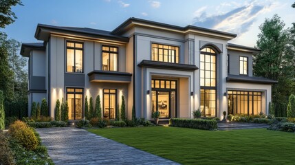 Luxury home exterior, modern design with lawn and driveway. generative ai