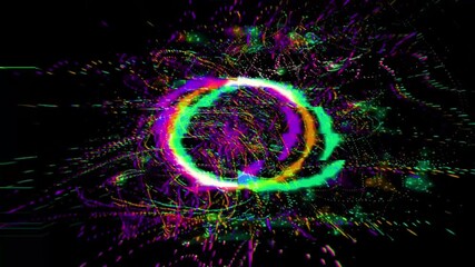 Aufkleber - A dynamic abstract composition featuring neon green, purple, and orange light bursts on a black background.