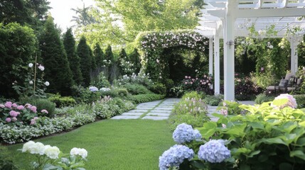 Poster - A Lush Garden Path Leading to a White Pergola with Flowering Vines