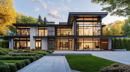 Luxury home exterior, modern design with lawn and driveway. generative ai