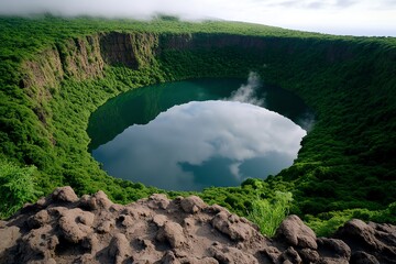 Aufkleber - A large crater lake at the heart of the Great Rift Valley, with steep, forested walls and crystal-clear water, surrounded by mist and fog in the early morning light