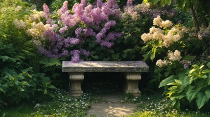 Sticker - Stone Bench Surrounded by Purple and White Lilac Blossoms