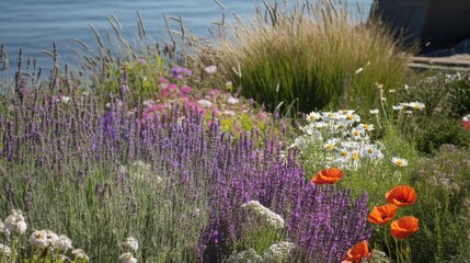 Sticker - Vibrant Wildflowers and Grasses Along a Shoreline