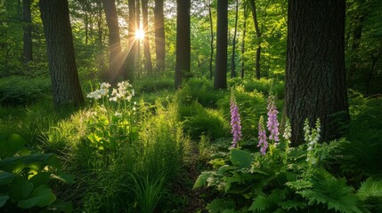 Canvas Print - Sunbeams Through Trees In A Lush Forest With Flowers