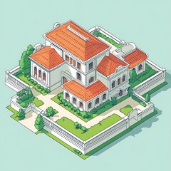 Poster - Isometric Illustration of a White and Red Roofed House