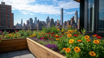 Sticker - Rooftop Garden with City Skyline in the Background