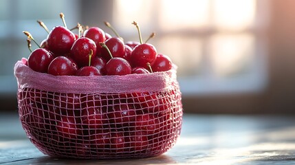 Wall Mural - A pink mesh bag full of ripe red cherries sits on a wooden table, bathed in soft sunlight.