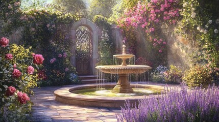 Poster - Stone Fountain in a Sunlit Garden with Roses and Lavender