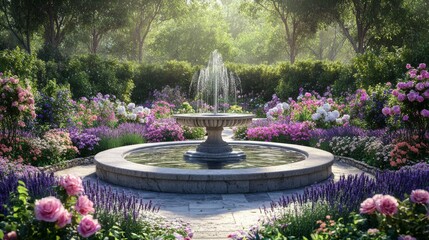 Sticker - A Stone Fountain Surrounded by Lush Flowers in a Garden Setting