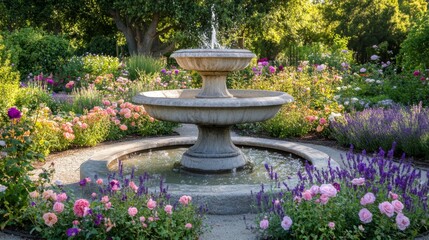 Poster - Stone Fountain Surrounded by Lush Flowers in a Garden