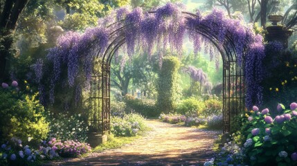 Poster - A Stone Path Through a Wisteria-Covered Archway in a Lush Garden