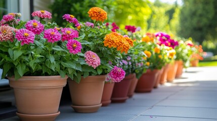 Poster - Colorful Zinnia Flowers in Terracotta Pots on a Patio