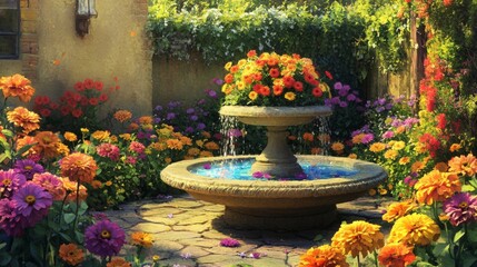 Poster - Stone Fountain Surrounded by Vibrant Flowers in a Sunlit Garden