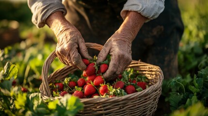 Poster - Hands of a Farmer Picking Strawberries into a Basket