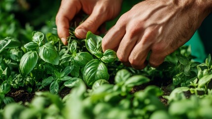 Sticker - Hands Picking Fresh Green Basil Leaves