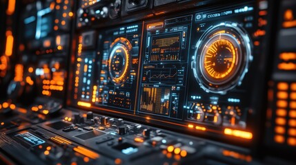 A futuristic control panel with glowing digital displays and buttons.