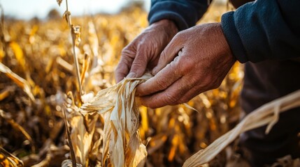 Canvas Print - A Farmer's Hands Examining Dried Corn Husks in a Field