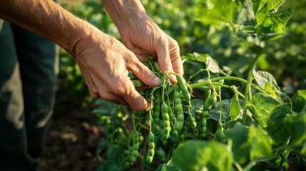 Poster - Close-up of Hands Picking Green Edamame Pods from a Plant