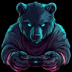 Sticker - Bear Gaming Mascot with Neon Glowing Eyes and Controller