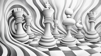 Wall Mural - A black and white drawing of chess pieces on a checkered floor, AI