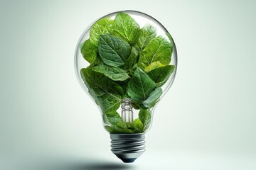 Eco friendly lightbulb from fresh leaves top vie, concept of Renewable Energy and Sustainable Living