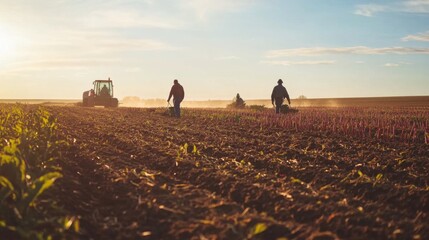 Canvas Print - Farmers Working in a Field with a Tractor in the Background